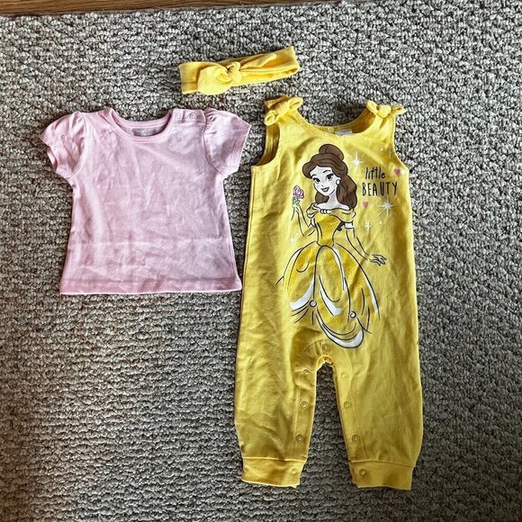 Disney Baby Beauty and the Beast 3 Piece outfit Yellow Pink, 6-9 months Princess - Picture 1 of 8